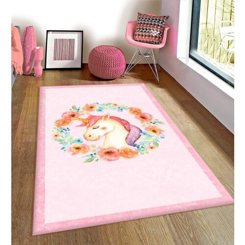 Pink Color Flower Horse Unicorn kids room rug