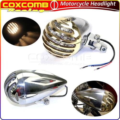 For Harley Honda Yamaha Cruiser Cafe Racer Motorcycle Billet 4-3/4" Headlight Front 12v H4 Bulbs Brass Grill Cover Headlamp