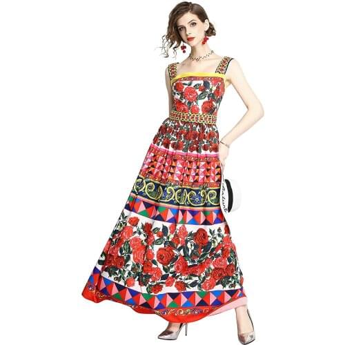 FEECOLOR Ladies Square Neck Sleeveless Print Suspenders Sexy Leisure Vacation A-Line Long Dress