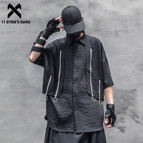 11 BYBBS DARK Zipper Fake Two Shirts Oversized Loose Techwear Tee Shirts Men Harajuku Casual Short Sleeve Shirt Streetwear
