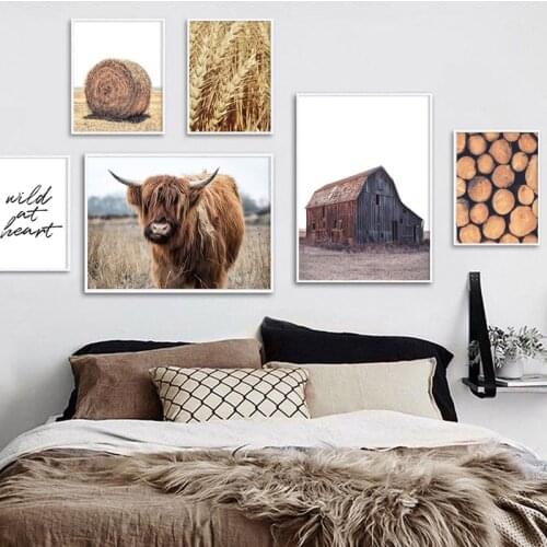 Farm Cabin Wall Art Landscape Canvas Poster Nordic Cow Wheat Wood Print Painting Scandinavian Decoration Pictures Home Decor