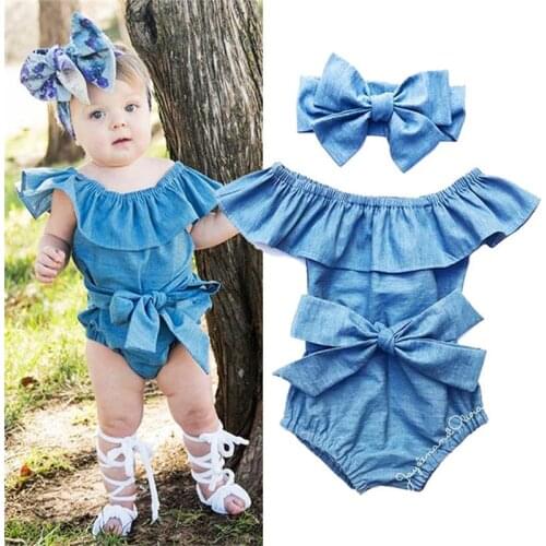 0-24M Baby Girls Romper With Headband Set Bowknot Bodysuit Sleeveless Jumpsuit For Newborn Girls Blue Ruffled Casual Playsuit