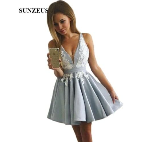 Tank A-Line Short Homecoming Dresses Deep V Neck Sexy Knee Length Graduation Gown Lace Appliques Cocktail Wear robe courte SHD12