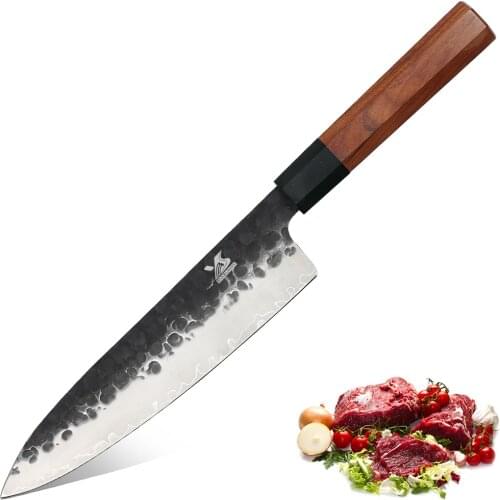 BIGSUNNY 8Inch Chef Knife Forged Kitchen Slicing Knife High Carbon 3 Layers 9CR18MOV Clad Steel Octagonal Rosewood Handle