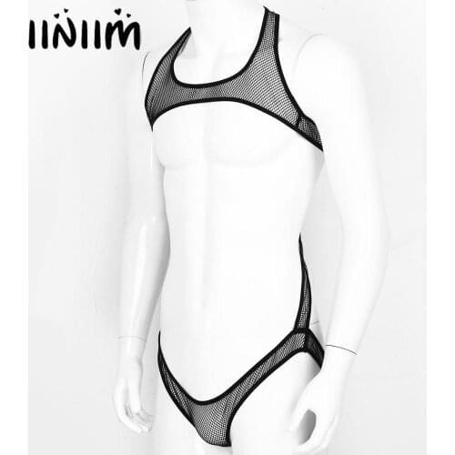 Mens Sissy Hollow Out Fishnet Exotic Lingerie Nightwear Open Butt Jockstraps Wrestling Singlet Mankini Bodysuit Bodystocking