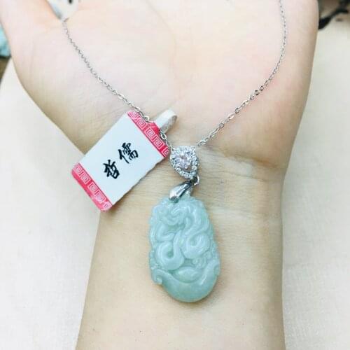 Natural Burmese Ajadeite Carved Zodiac Pendant with 925 Sterling Silver Necklace Elegant Lady Jade Clavicle Chain