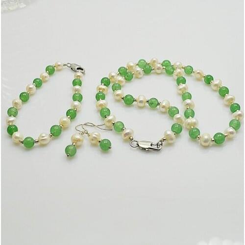 New Arriver Real Pearl Green Jades Jewelry Set Genuine White Freshwater Pearl Round Jades Necklace Bracelet Earrings For Choose