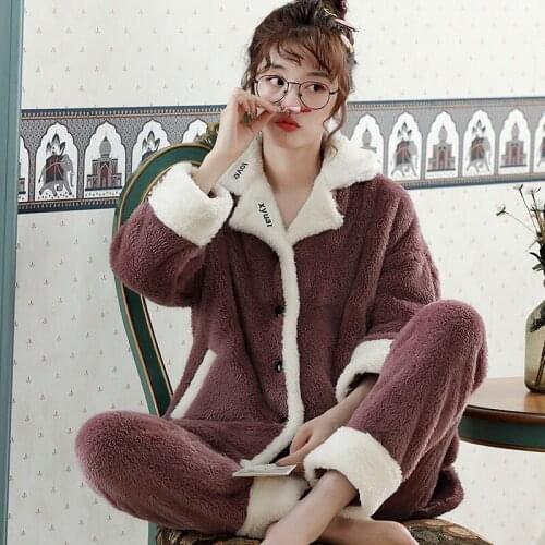 Fdfklak High Quality 2021 Winter New Pajamas Set Thick Warm Flannel Homewear Lounge Wear Female Warm Home Clothes Suit