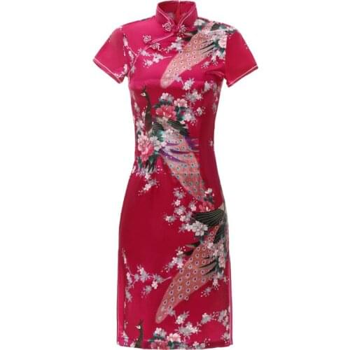 Oversize 6XL Hot pink Chinese Women Trational Short Rayon Satin Dress Tight Qipao Cheongsam Novelty Print Short Sleeve Dresses