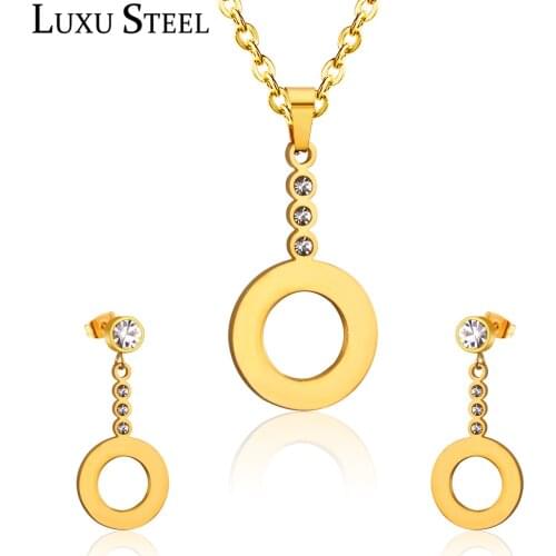 LUXUSTEEL Stainless Steel Jewelry Sets Hollow Out Round Pendant Necklace 2020 Accessories Gold/Steel Color Dangle Earrings