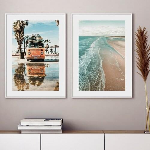 Scandinavian Tropical Landscape Posters Modern Prints Sea Beach Pink Bus Tree Wall Art Canvas Painting Nordic Decoration Picture