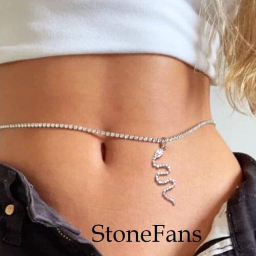 StoneFans Snake Body Chain Jewelry for Women Belly Plus Size Jewellery Bling Rhinestone Waist Chains Harness Belt With Charm