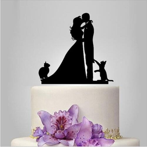 Wedding Cake Topper Acrylic Silhouette, Bride and Groom Kissing Silhouette with Cat Wedding Party Decoration