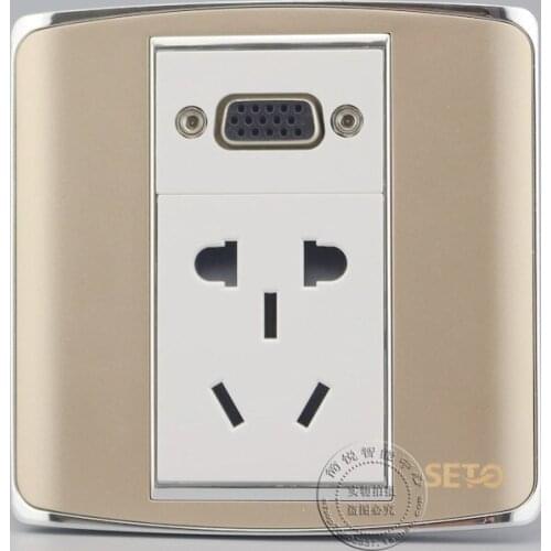 VGA & Five Hole Power Socket Champagne Color Outlet Panel Faceplate Home Adapter