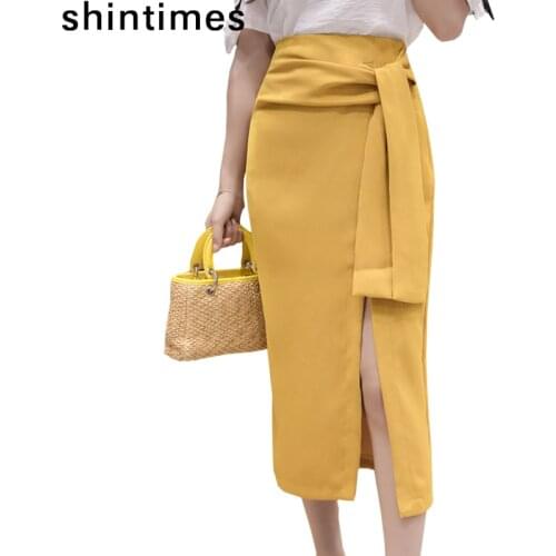 Shintimes Lace-Up Skirts Womens Clothing Sexy Split Bodycon Woman Skirts High Waist Pencil Skirt Summer Wrap Skirt 2020 Faldas