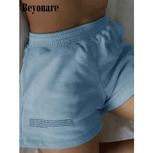 Beyouare Summer Women Elastic High Waist Blue Shorts English Letter printing Loose Solid Lady Casual Streetwear movement Shorts