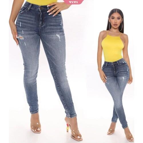 Womens 2021 Fashion Pants Ripped Skinny Stretch Pants Mid-waist Bottoming Jeans Feet Pants Street Style Denim Trousers