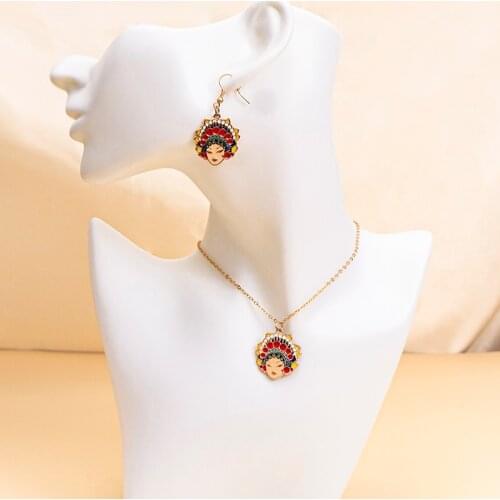 Peking Opera Facial Mask Earrings Ethnic Enamel Beijing Opera Pendant Necklaces For Women Chinese Jewelry Set Gift