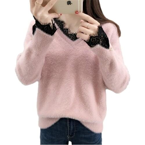 Spring Autumn Mink Fleece Sweater Women Pullover Korean 4 Color Loose Jumper Ladies Lace Splicing V-Neck Long Sleeve Tops Female
