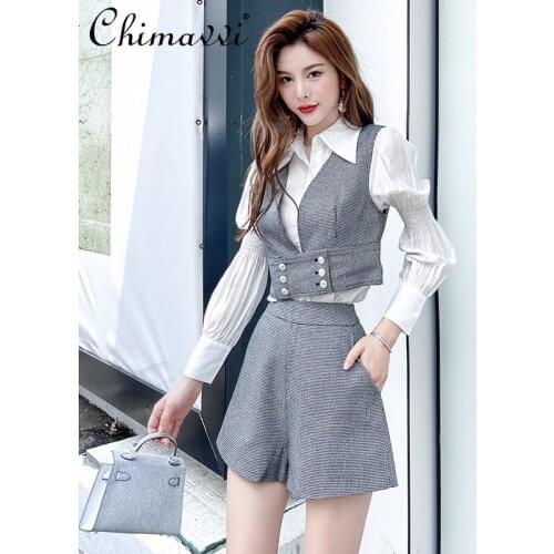 Early Autumn Fashion Three Pieces Short Suit 2021 Fashion Women Long Sleeved Shirt Slimming Vest Lady High Waist Wide Leg Short