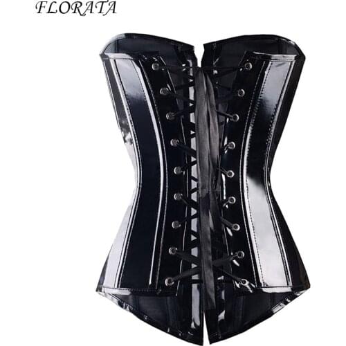 FLORATA PVC Overbust Corset Steampunk Women Lingerie Top-Goth Corsets Sexy Leather Waist Trainer with G-string