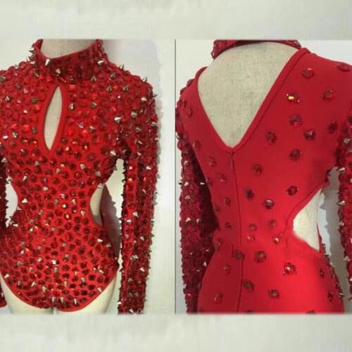 Red Sexy Hollow Rivet Diamond Jumpsuit Women Full Rhinestone Bodysuit Female Ds Singer Dj Costume Rave Outfit Stage Wear XS2245