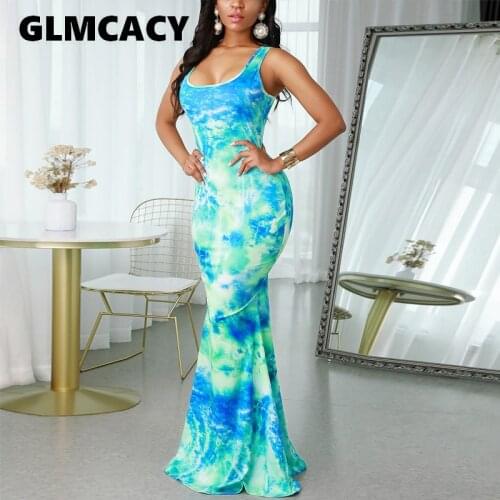 Women Summer Tie Dye Printed Square Neck Sleeveless Mermaid Maxi Dress Formal Vintage Evening Party Long Dresses Vestidos