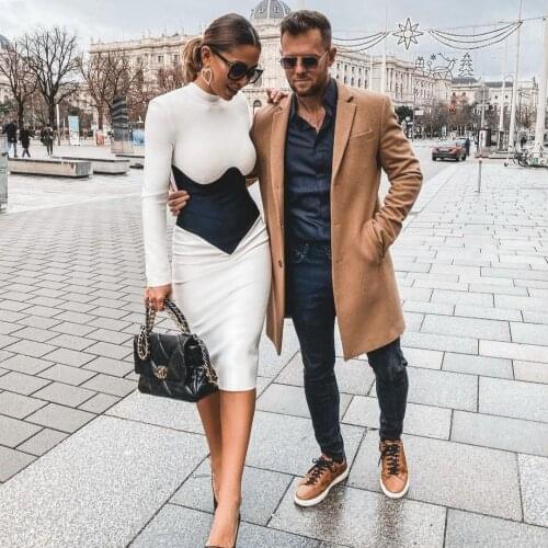 2021 Summer Women Bandage Dress Sexy O-Neck Long Sleeve Knee length Dress Fashion Stitching Tight Club Nightclub Party Dress