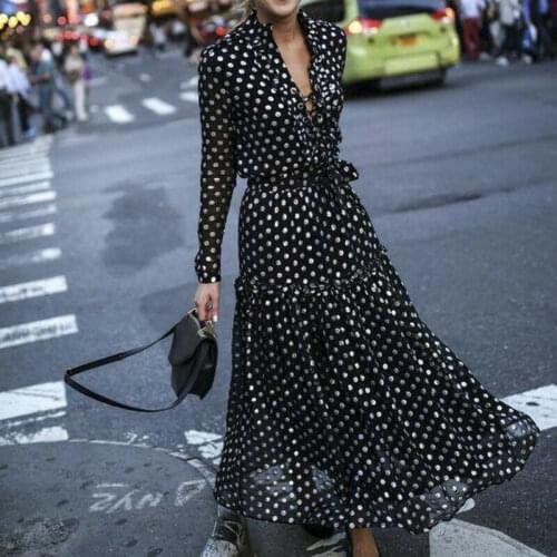 Bohemian Style Women Dress Sexy Vintage Maxi Polka Dot V-Neck Wrap Dress Elegant Party Dresses Evening Party High Waist Dresses