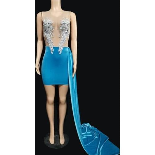 Sparkly Silver Stones Mesh Blue velve Transparent Dress Birthday Celebrate Sexy Evening Long Train DRESS Dancer Singer Costume