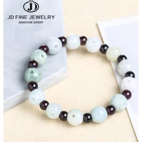 JD Natural Jade Emerald & Garnet Beads Bracelet Adjustable Bangle Charm Jewelry Fashion Accessories Hand-Carved Man Luck Amulet