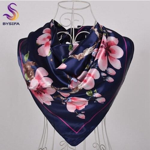 BYSIFA|Navy Blue Pink Silk Square Scarf Printed Women Brand Satin Scarves Shawls China Style Peach blossom Design Head Scarf