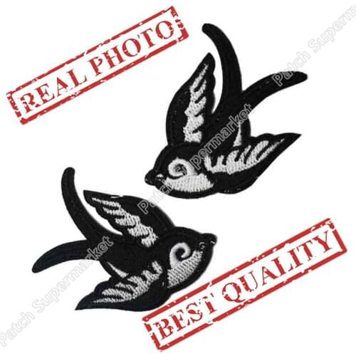 BLACK & WHITE SWALLOWS PAIR Kitch Tattoo Chic biker retro emo punk rockabilly applique sew on/ iron on patch clothes application