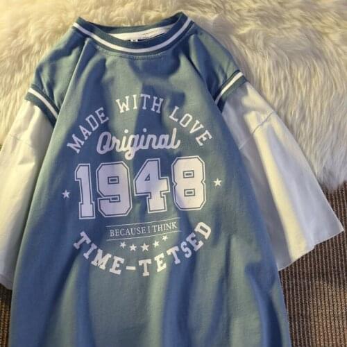 Designer Patchwork Sleeve Letters Printed T Shirts Streetwear Harajuku O-neck Casual Teens Clothes Summer Plus Size Fashion 2021