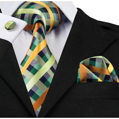 SN-218 Blue Olive Yellowgreen Plaid Tie Hanky Cufflinks Sets Mens 100% Silk Ties for men Formal Wedding Party Groom