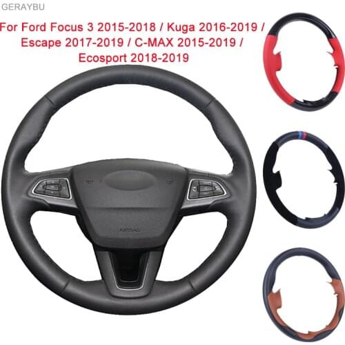 GERAYBU Custom Black Artificial Leather Hand-sewn Car Steering Wheel Cover For Ford Focus 3 / Kuga / Escape / C-MAX / Ecosport