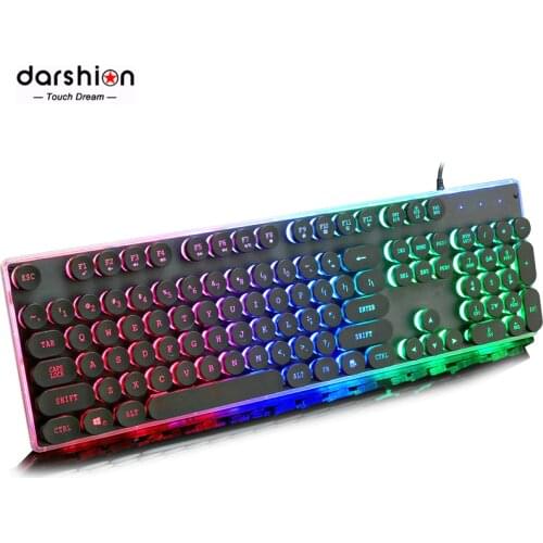 Steampunk Retro Gaming Keyboard Russian/English Layout Round Keycap Backlit USB Wired Glowing Metal Panel Crystal Border