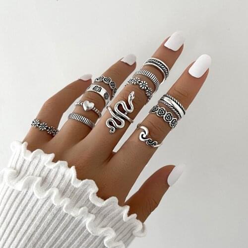 Aprilwell 10 Pcs Vintage Snake Rings for Women Trendy Aesthetic Flower 2021 Trend Kpop Gothic Anillos Fashion Jewelry Streetwear