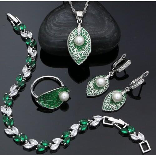 925 Silver Leaf Pearl Jewelry Set for Women Green Enamel Earrings Necklace Pendant Ring Zircon Bracelet Set