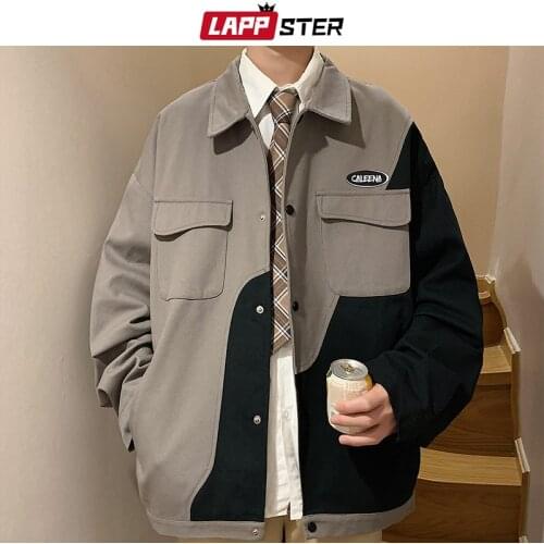LAPPSTER Men Patchwork Vintage Streetwear Jackets 2021 Mens Winter Harajuku Casual Windbreaker Male Korean Fashion Jackets Coats