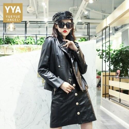 Natural Sheepskin Biker Jacket Womens Short Loose Casual Single Breasted Genuine Leather Jackets Turn-Down Collar Suit Coat