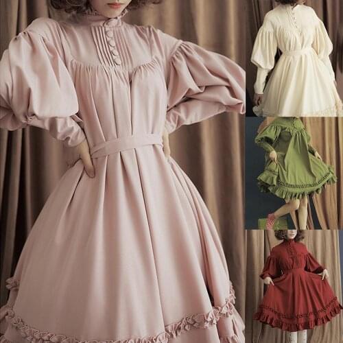 HOT SALES!!! Women Solid Color O Neck Long Puff Sleeve Large Swing Midi Lolita Dress Trendy Japanese Maid Cosplay Costume M-5XL