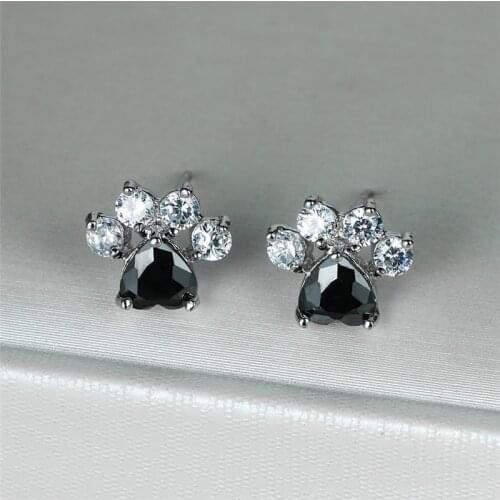 Cute Cat Paw Dog Claw Black Stone Heart Zircon Stud Earrings For Women Wedding Jewelry Vintage Fashion Silver Color Tiny Earring