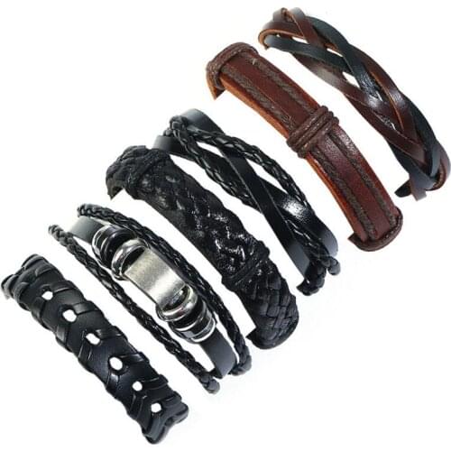 Men Punk Vintage Hippie Rock Beads Charms Bracelets Braided Multilayer Leather Rope Bangle Wrap Wristbands Fashion Retro Jewelry