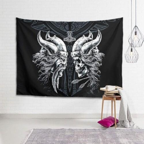 Viking Helmet Skull Hammer Horn of Odin Mythology Print Wall Hanging