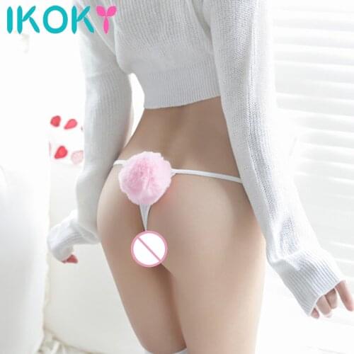 Womens Underwear Removable Rabbit Hair Ball Panties G String Cute Ladies Girls Cotton Thong Briefs T-back Underpants
