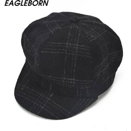 2020 New Fashion Ladies Plaid Stripes Newsboy Hat Womans Retro Octagonal Cap Wool Lattice Painter HatBeret Beanie