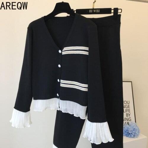 2021 New Knitting Suit Womens Autumn Two-Piece Set Korean Style Chiffon Long-Sleeved Upper Garment High Waist Pants