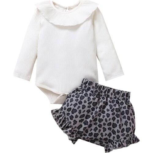 Two Piece Infant Baby Girl’s Clothes Fashion Solid Color Long Sleeve Romper and Leopard Short Pants