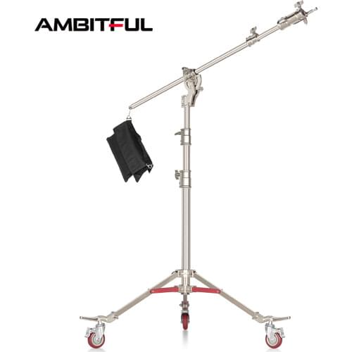 Heavy Duty Stainless Steel 4.4M Dual Purpose Light Stand with Boom Arm C Stand +Wheel Load Bearing 20KG for Studio Flash Softbox